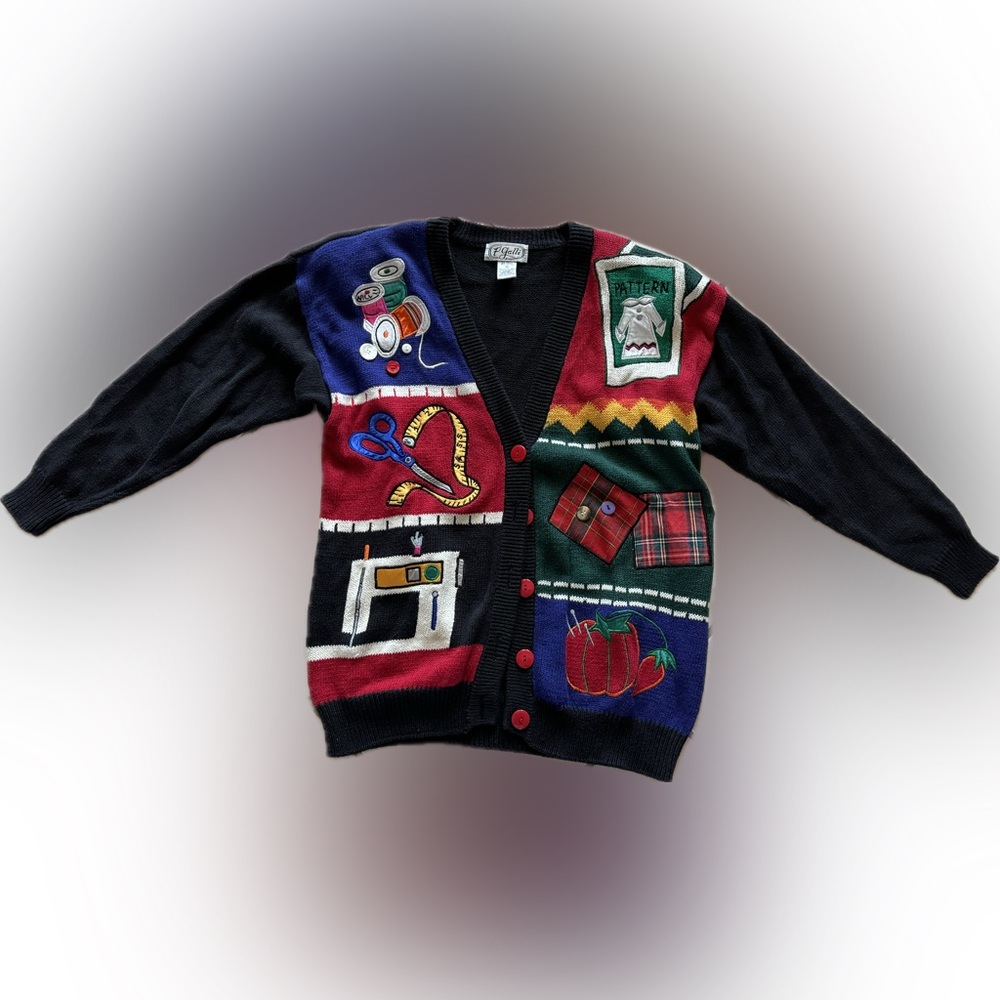 P Galli Women’s Vintage Seamstress Sewing Multicolor Sweater Size Medium